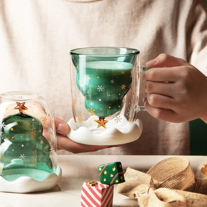 Christmas Tree Glass Cup – Transparent Double-Wall Heat-Resistant Couples Mug with Snowflake Design, Creative Coffee & Drinking Cup Gift