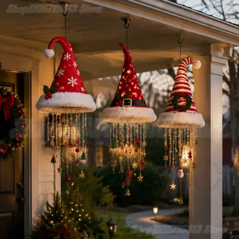 Lighted Santa Hat Hanging Chandelier – Warm LED Christmas String Lights with Festive Ornaments, 3 Styles for Holiday Decor