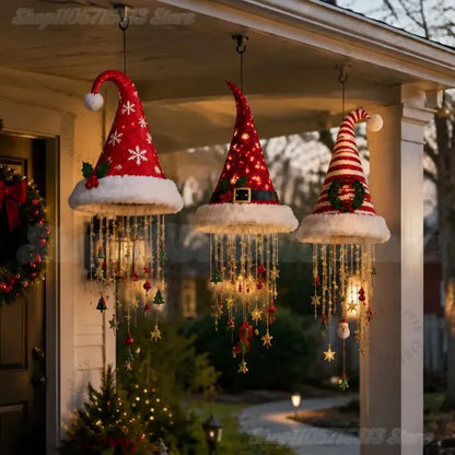 Lighted Santa Hat Hanging Chandelier – Warm LED Christmas String Lights with Festive Ornaments, 3 Styles for Holiday Decor
