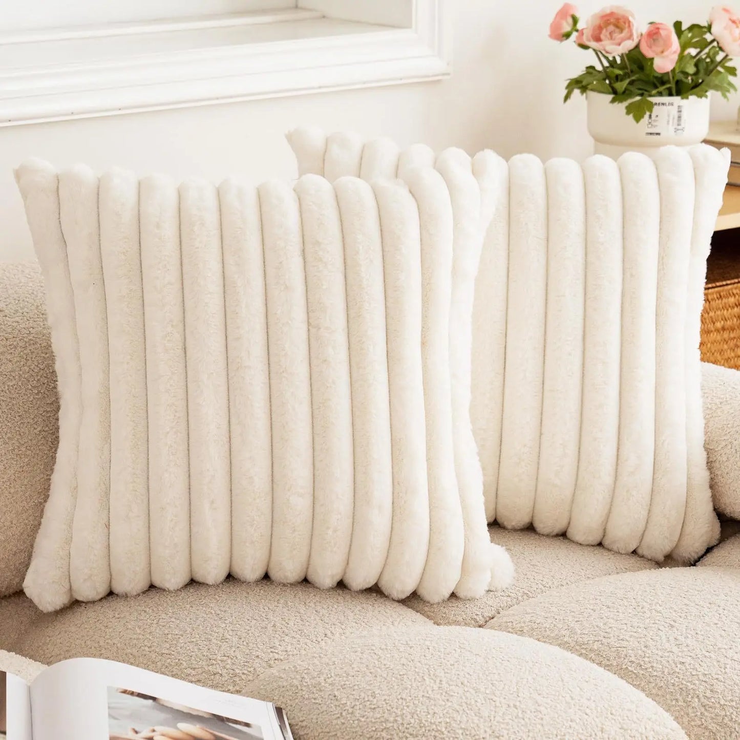 Faux Rabbit Fur Throw Pillow Cover - Ultra Soft Striped Decorative Cushion Cover for Sofa, Bed & Living Room (40x40 & 45x45 cm)