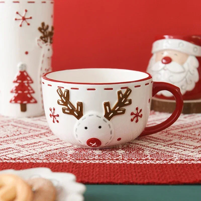 Christmas Santa Claus Ceramic Mug – Embossed Reindeer Coffee & Milk Cup for Breakfast, Kids’ Xmas Gift & Holiday Home Drinkware
