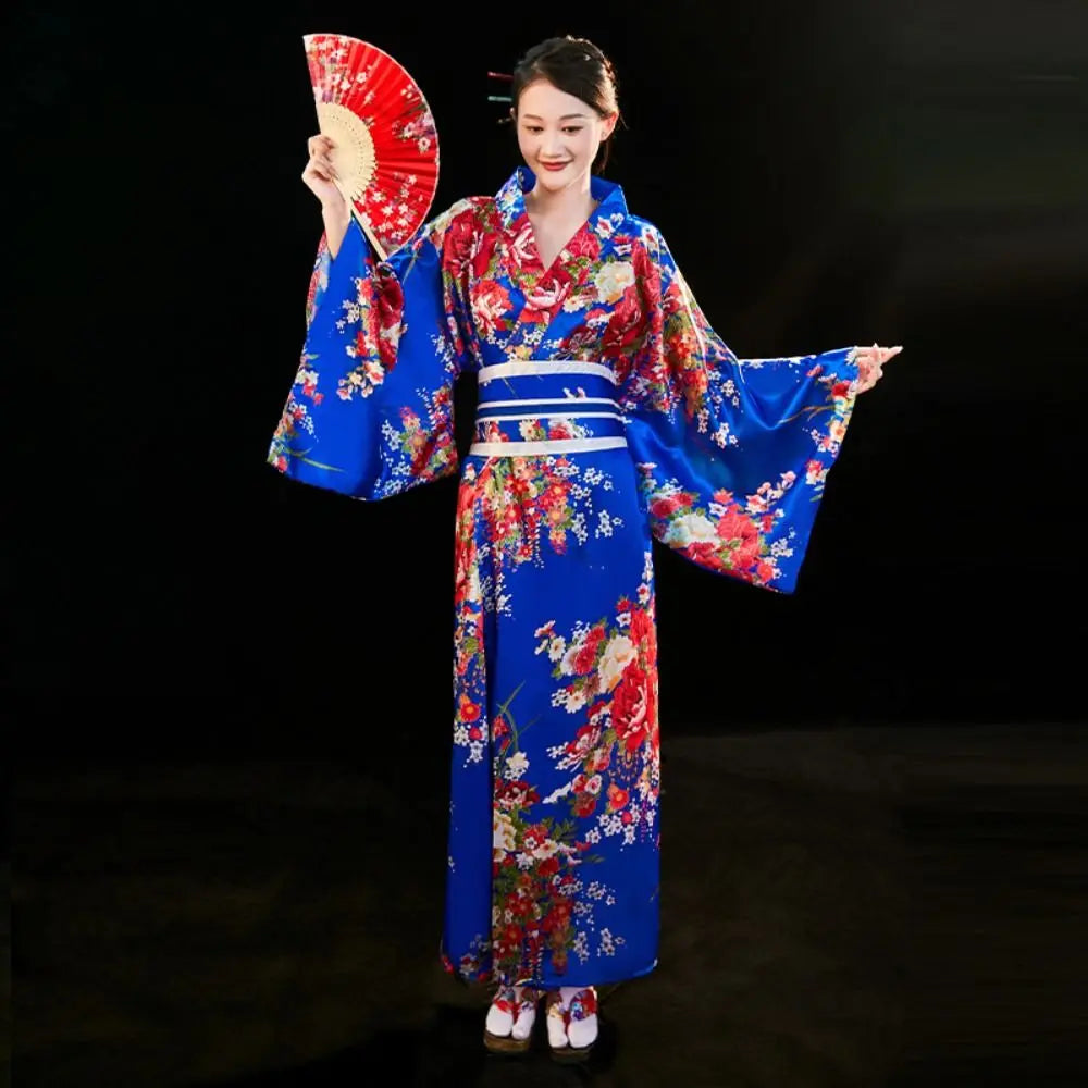 Japanese Kimono Cosplay Costume – Floral Sakura Printed Dress, Traditional Asian Style Kimono Outfit for Women Halloween & Party Wear