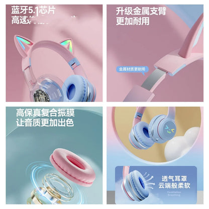Gradient RGB Cat Ear Wireless Bluetooth Headphones – Cute Stereo Music Gaming Headset with Microphone for Girls & Kids, Fun Gift for Children