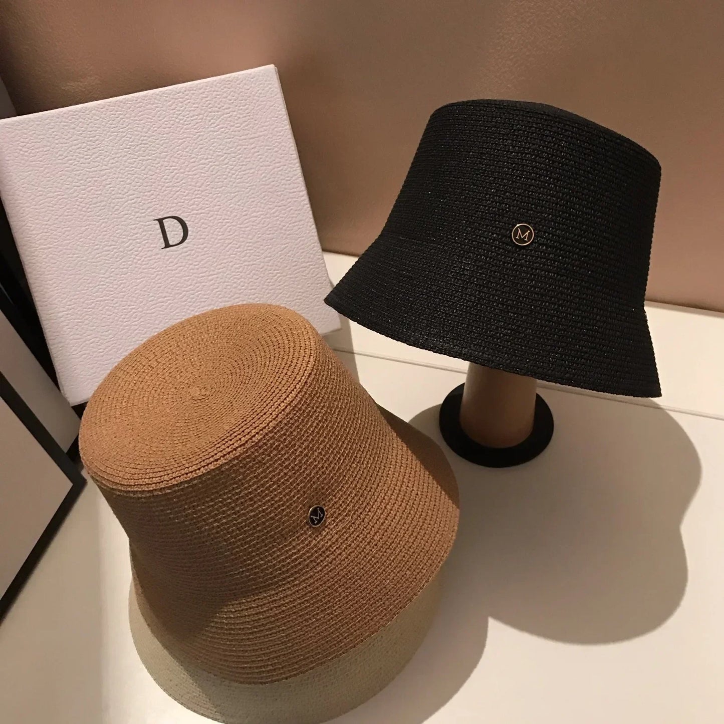 Japanese Designer M Straw Woven Summer Sun Hat for Women Casual Travel Panama Bucket Hat Sunscreen Slim-Face Luxury