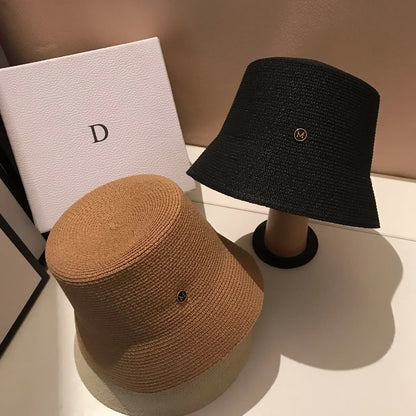 Japanese Designer M Straw Woven Summer Sun Hat for Women Casual Travel Panama Bucket Hat Sunscreen Slim-Face Luxury