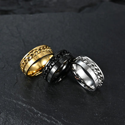 Roman Numeral Spinner Ring – Stainless Steel Chain Rotating Anxiety Fidget Ring for Men | Black Metal Stress Relief Jewelry
