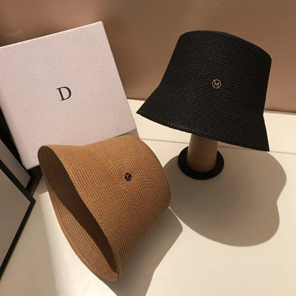 Japanese Designer M Straw Woven Summer Sun Hat for Women Casual Travel Panama Bucket Hat Sunscreen Slim-Face Luxury