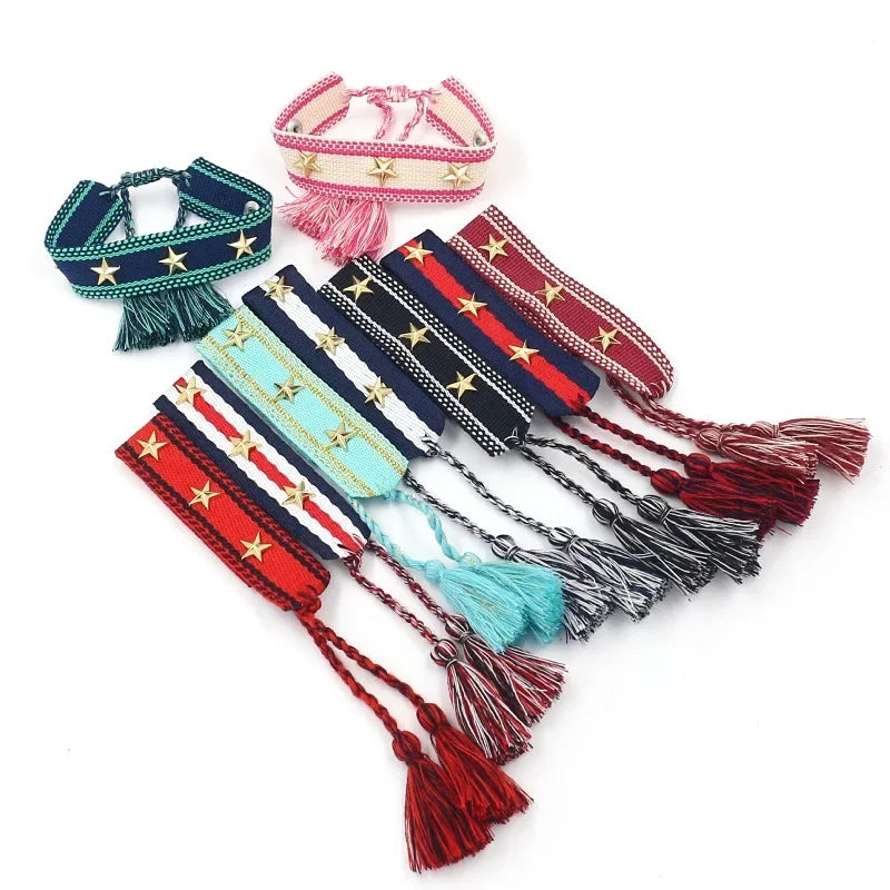 Bohemian Star Tassel Bracelet – Handmade Woven Alloy Gold Rivet Wrist Strap for Women | Ethnic Fashion Jewelry Gift