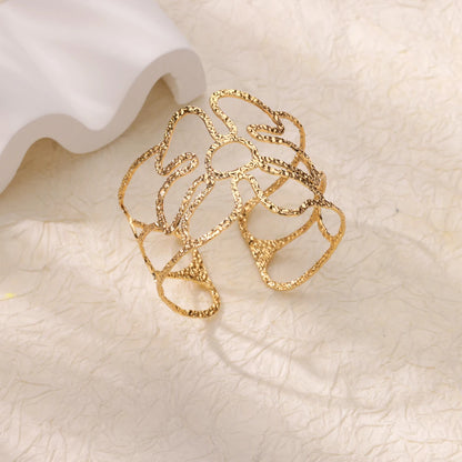 Stainless Steel Open Flower & Leaf Bangle Bracelet – Gold Geometric Cuff Bracelet for Women & Men | Minimalist Fashion Jewelry