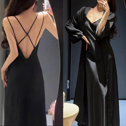 Women’s 2PCS Sleepwear Set – Backless Suspender Nightgown & Long Robe Elegant Sexy Loungewear Dress