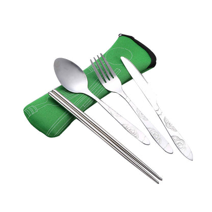 Ensemble de couverts de voyage en acier inoxydable 7 pièces – Couteau, fourchette, cuillère, baguettes et paille portables avec sac de transport pour le camping en plein air, les pique-niques, l'école et les repas quotidiens