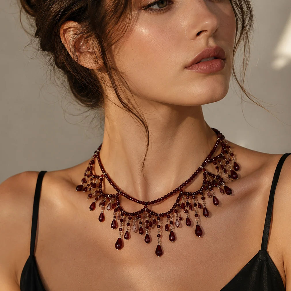 Red Teardrop Tassel Pearl Beaded Necklace – Multi-Layer Collarbone Chain for Women, Dark Elegant Statement Jewelry with Unique Design
