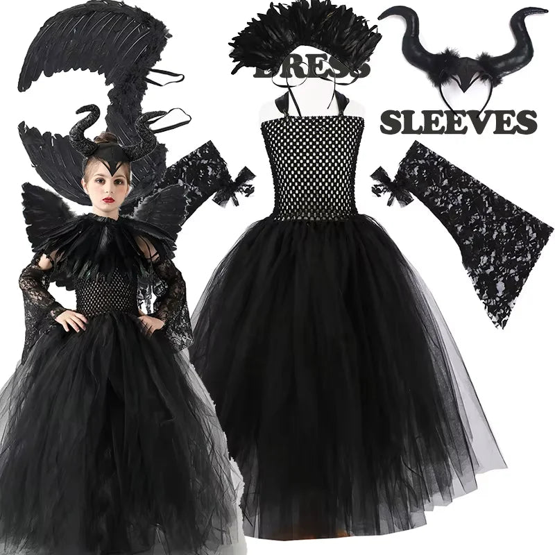 2026 Girls’ Evil Queen Halloween Costume – Black Tulle Mesh Princess Cosplay Dress, Gothic Dress-Up Outfit for Kids’ Halloween Parties