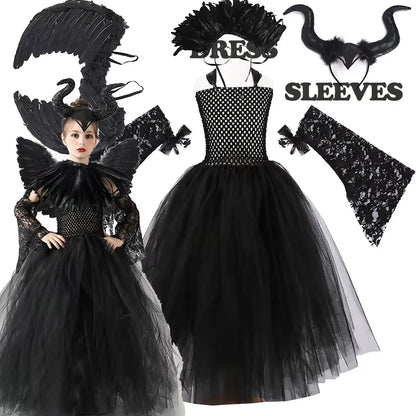 2026 Girls’ Evil Queen Halloween Costume – Black Tulle Mesh Princess Cosplay Dress, Gothic Dress-Up Outfit for Kids’ Halloween Parties