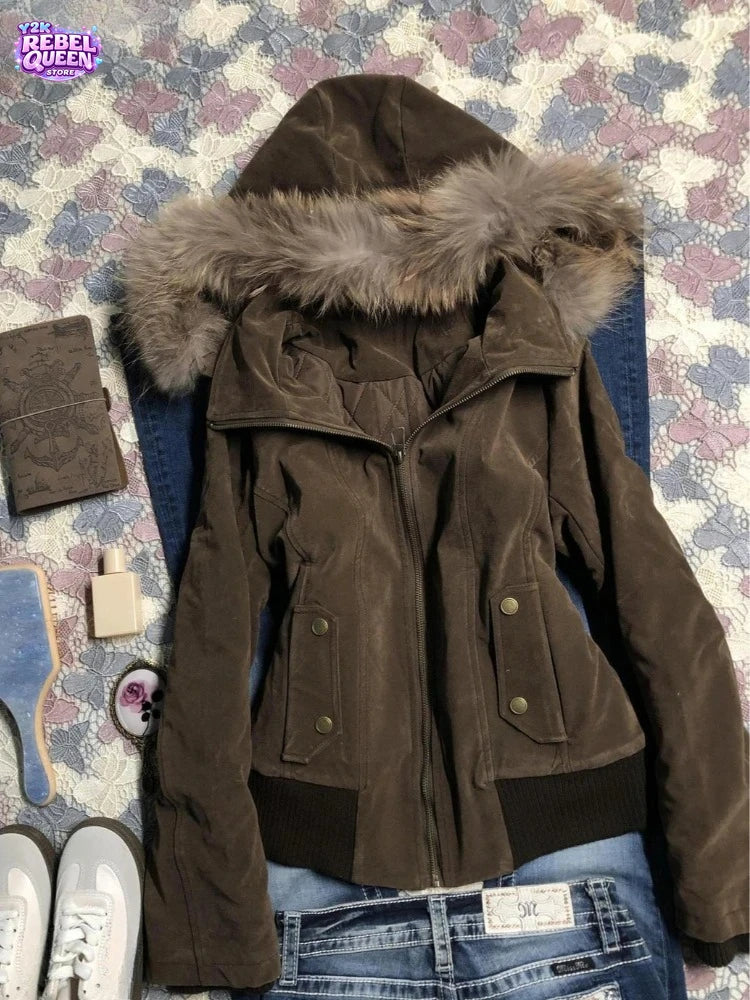 Women’s American Vintage Harajuku Jacket – Brown Fur Collar Hooded Short Coat, Gothic Winter Streetwear & Casual Fashion Outerwear