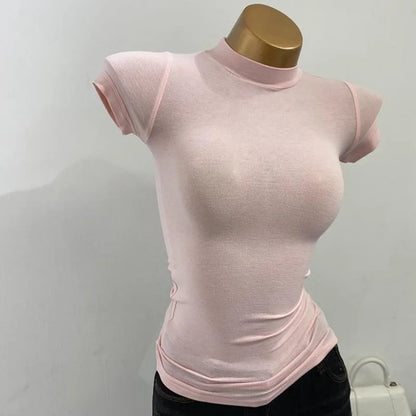 Half High Collar Korean T-Shirt – Transparent Short Sleeve Slim Fit Elastic Inner Top, Solid Color Bottoming Shirt for Women, Stylish Layering & Fashion Casual Wear