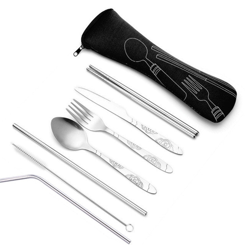 Ensemble de couverts de voyage en acier inoxydable 7 pièces – Couteau, fourchette, cuillère, baguettes et paille portables avec sac de transport pour le camping en plein air, les pique-niques, l'école et les repas quotidiens
