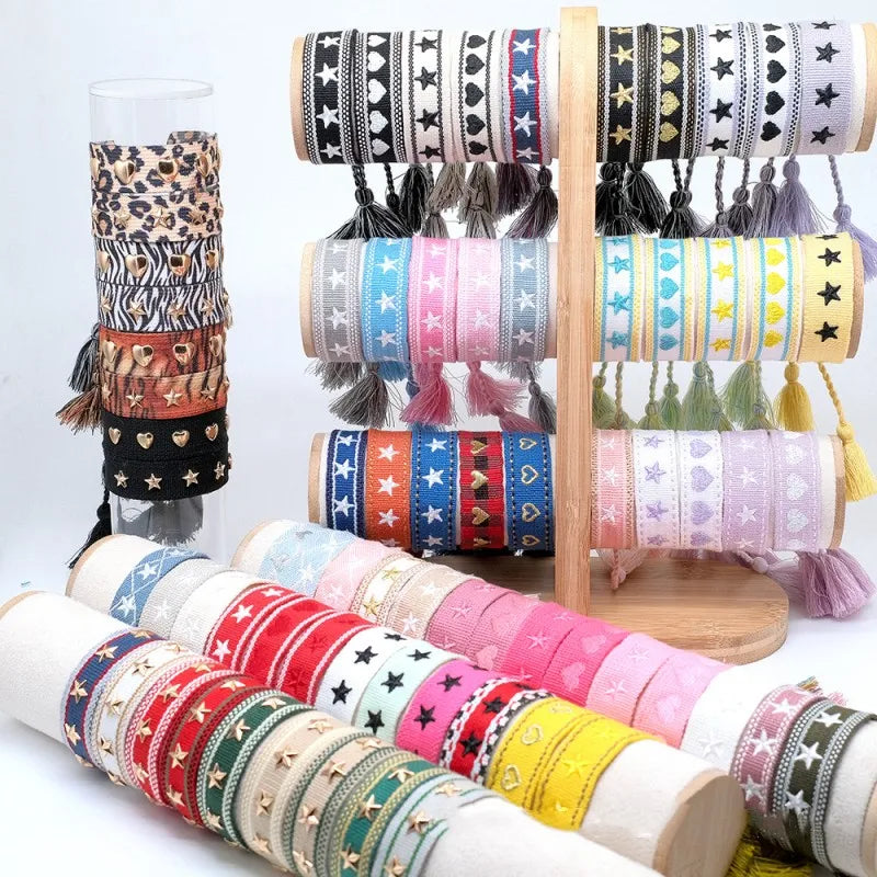 Pulsera de estrella bordada bohemia – Correa de muñeca tejida a mano con borlas para mujer | Regalo de joyería de moda étnica
