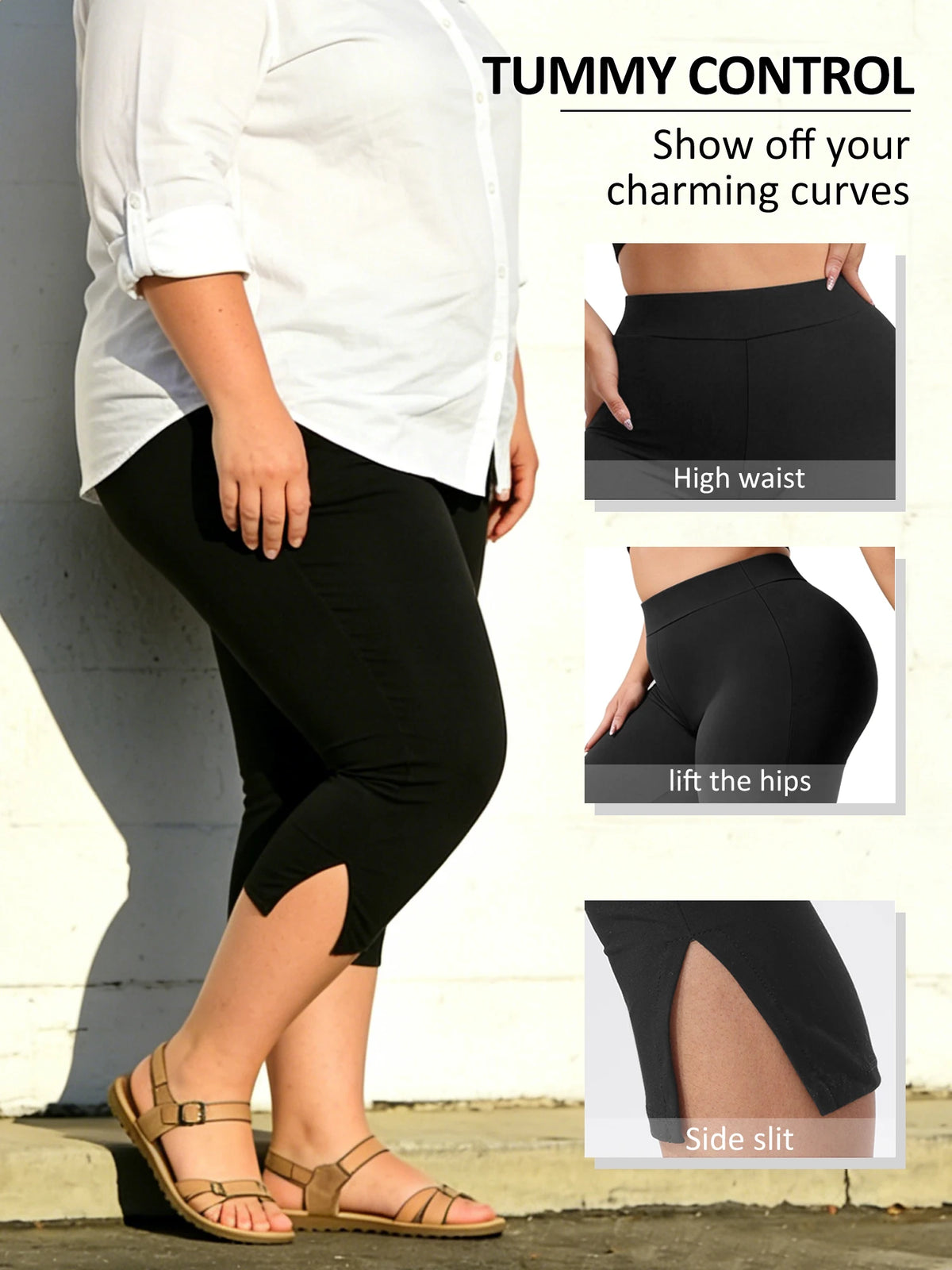 Women's Plus Size Capri Leggings XL-5XL – High-Waist Stretch Yoga & Workout Pants with Split Hem, Comfortable Cropped Activewear