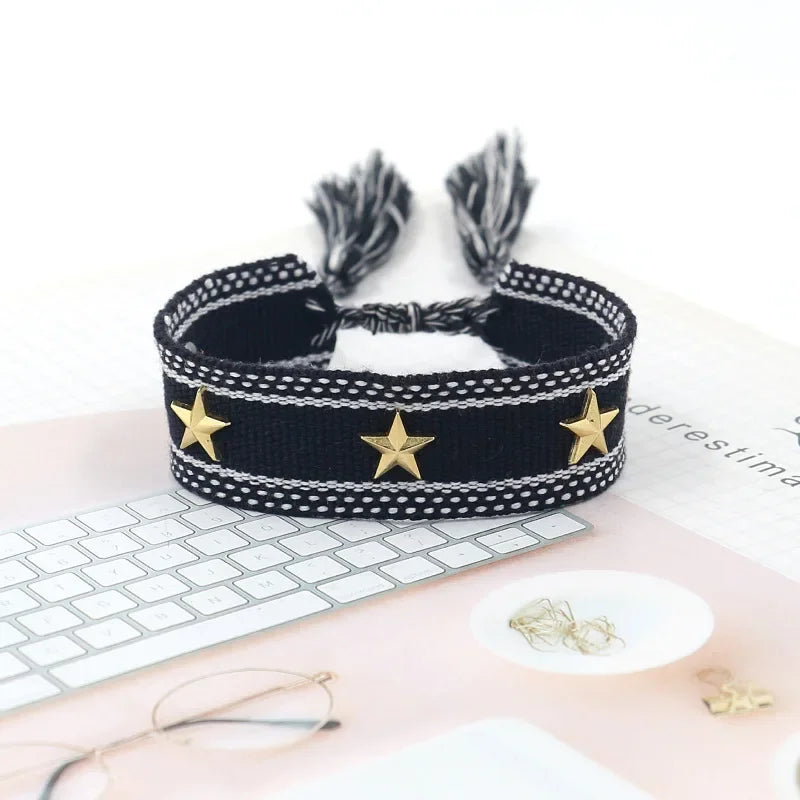 Bohemian Star Tassel Bracelet – Handmade Woven Alloy Gold Rivet Wrist Strap for Women | Ethnic Fashion Jewelry Gift