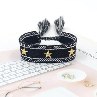Bohemian Star Tassel Bracelet – Handmade Woven Alloy Gold Rivet Wrist Strap for Women | Ethnic Fashion Jewelry Gift