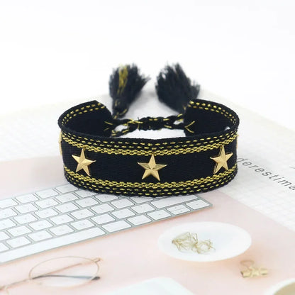 Bohemian Star Tassel Bracelet – Handmade Woven Alloy Gold Rivet Wrist Strap for Women | Ethnic Fashion Jewelry Gift