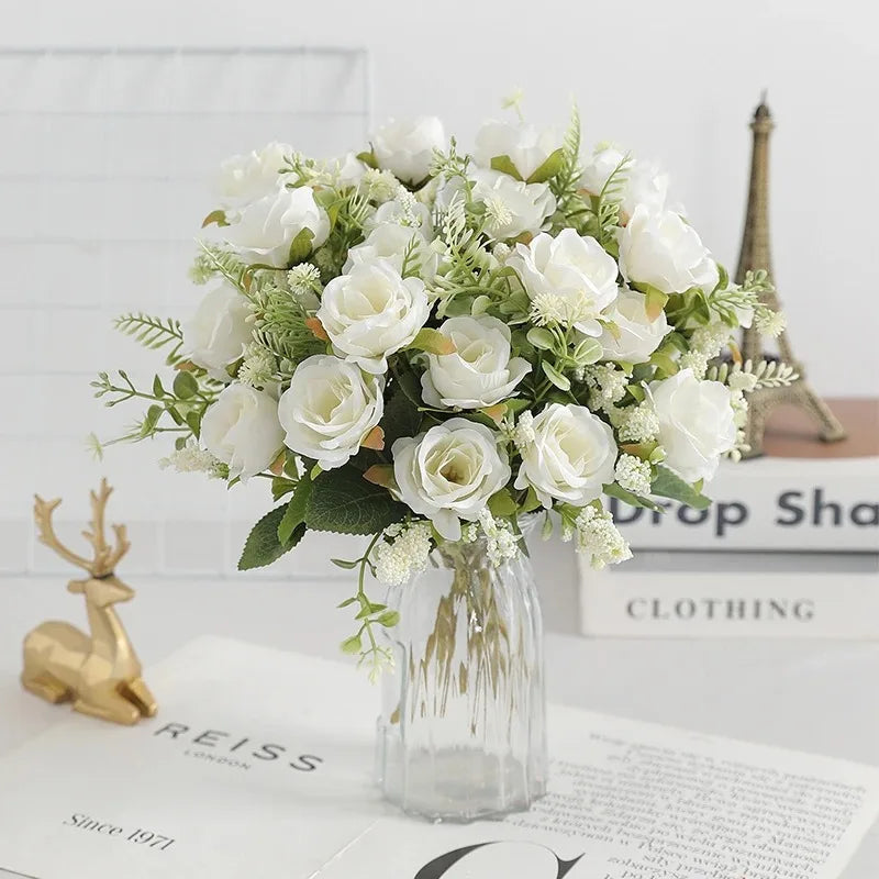 Ramo de Rosas Peonías Blancas Artificiales de 30cm – Flores Falsas de Seda con 5 Flores Grandes y 4 Capullos para Ramos de Novia, Decoración del Hogar y Arreglos Florales