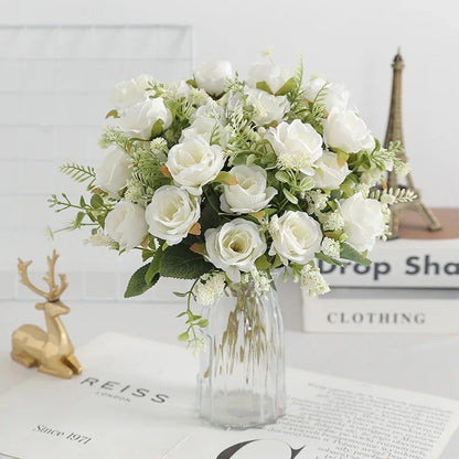 Ramo de Rosas Peonías Blancas Artificiales de 30cm – Flores Falsas de Seda con 5 Flores Grandes y 4 Capullos para Ramos de Novia, Decoración del Hogar y Arreglos Florales