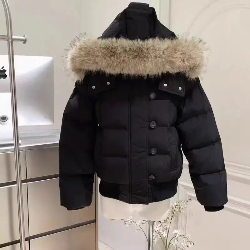 Women's American Retro Hooded Cotton-Padded Winter Coat Faux Fur Collar Solid Color Warm Insulated Jacket Loose Fit Casual Outerwear