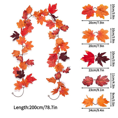 2M Artificial Maple Leaf Garland – Faux Fallen Leaves Autumn Rattan Decor for Thanksgiving, Halloween, Wedding, Christmas & Holiday Festivals