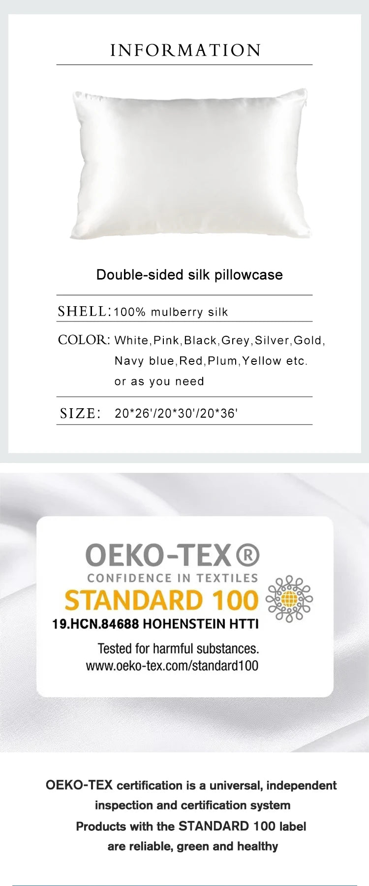 Taie d'oreiller 100 % soie de mûrier – 19 momme, certifiée OEKO-TEX®, luxe