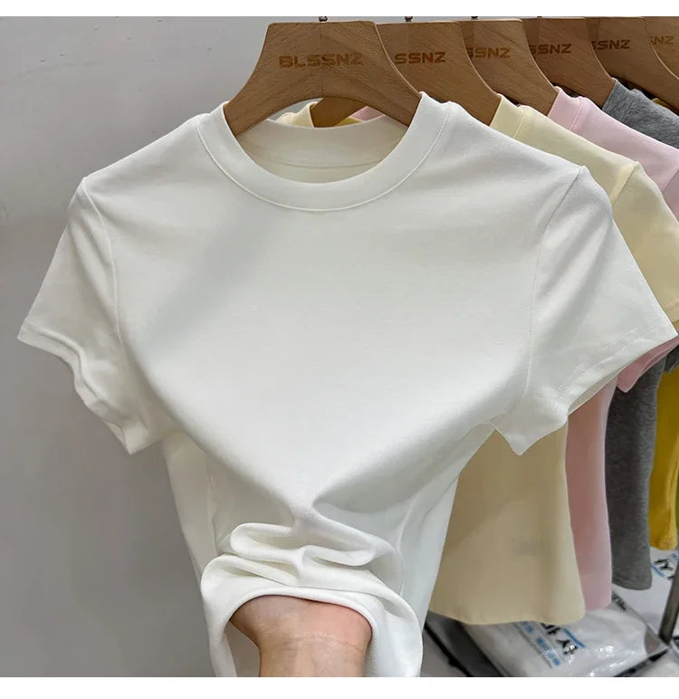 Zjaiss 2026 T-shirt col rond mode été sexy basique uni à manches courtes pour femme style coréen décontracté streetwear