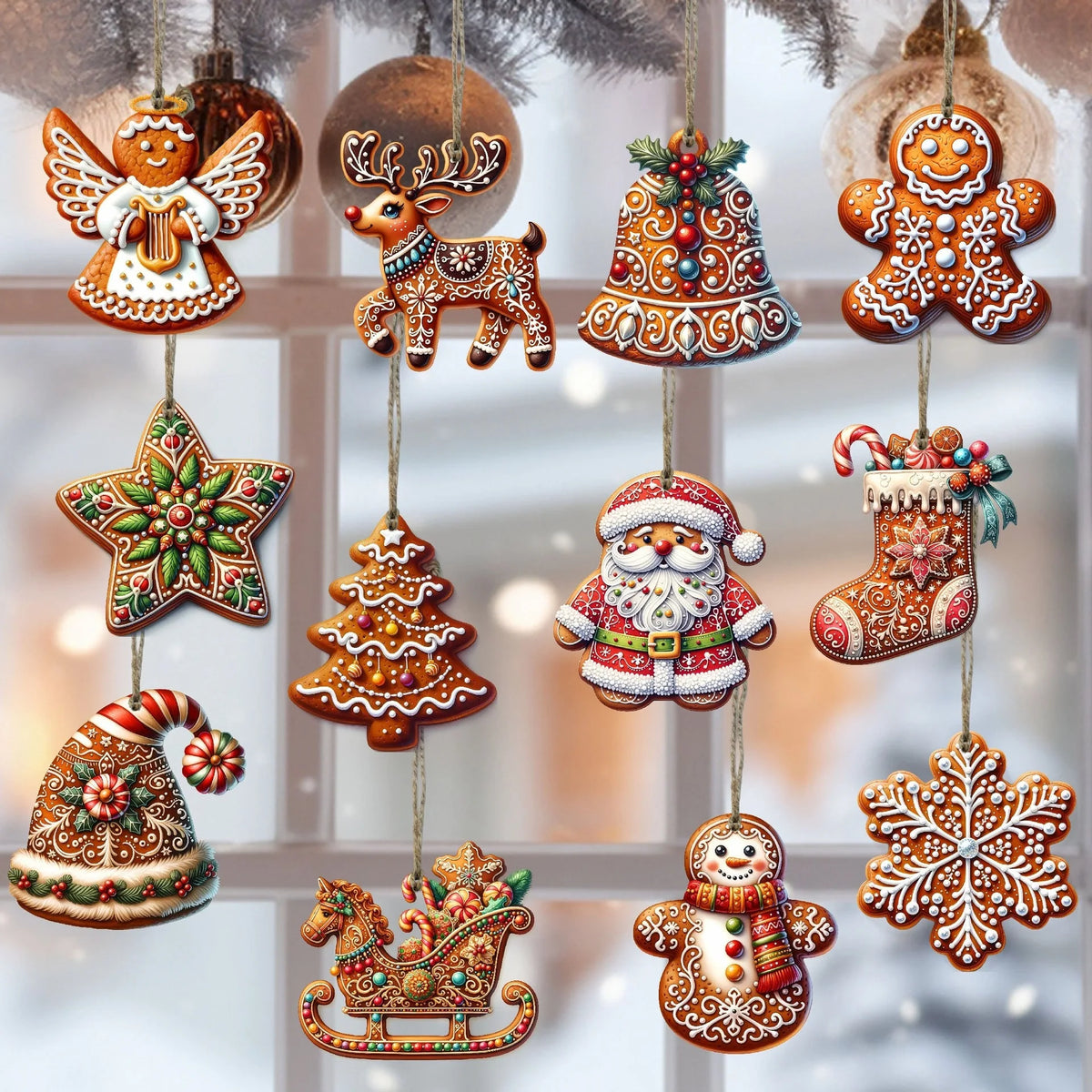 12PCS Wooden Christmas Tree Ornaments – Gingerbread, Santa Claus & Snowman Hanging Decorations for Xmas, New Year & Holiday Home Decor