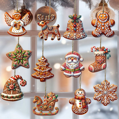 12PCS Wooden Christmas Tree Ornaments – Gingerbread, Santa Claus & Snowman Hanging Decorations for Xmas, New Year & Holiday Home Decor