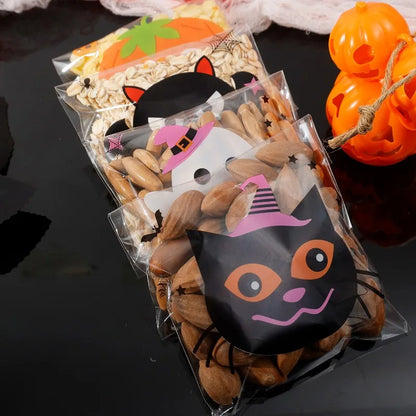 100/500PCS Halloween Candy Bags – Spooky Self-Adhesive Plastic Treat Bags for Candy, Cookies & Snacks, Kids’ Gifts, Trick-or-Treat & Halloween Party Decor