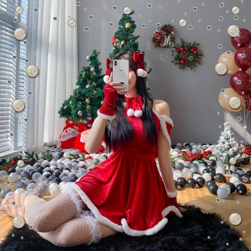 Women's Sexy Christmas Lolita Santa Costume, Red and White Short Skirt Dress, Elegant Santa Claus Cosplay Outfit for Christmas Parties, Holiday Events and Roleplay Garment