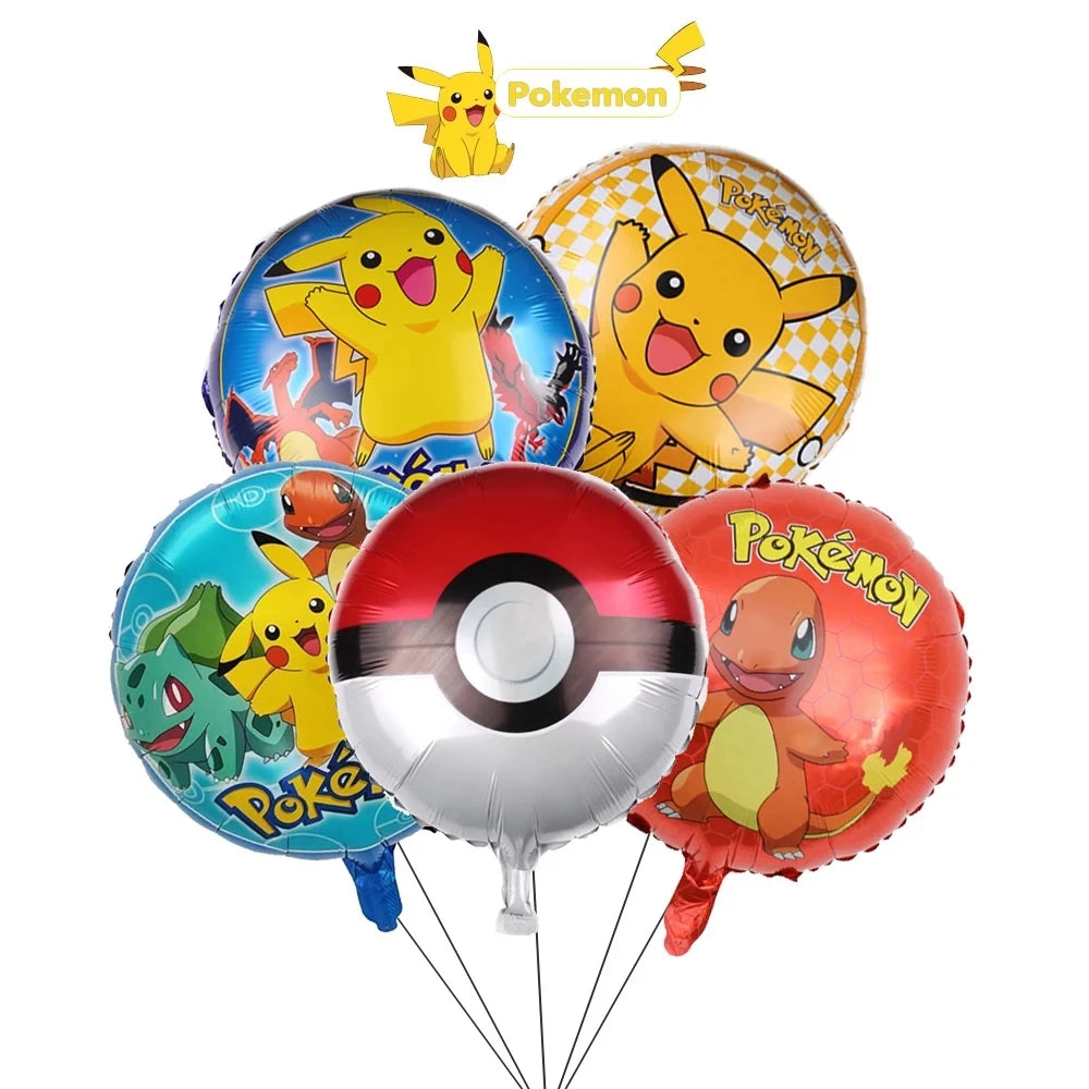 5pcs Pokémon Pokéball Aluminum Foil Balloons – Cute Helium Air Balloons for Boys & Girls Birthday Party & Baby Shower Decorations