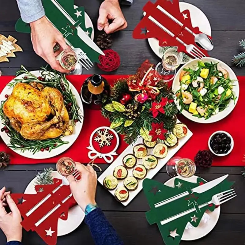 10/1PC Christmas Tree Cutlery Covers – Knife & Fork Pocket Holder Bags for Xmas Tableware, New Year Party Table Decor & Gifts
