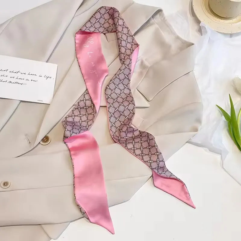 Khaki Nude Silk Scarf Hair Band – Vintage Satin Ribbon Bow Hair Accessory for Women | Elegant Fashion Hair Tie