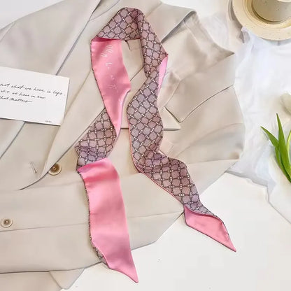 Khaki Nude Silk Scarf Hair Band – Vintage Satin Ribbon Bow Hair Accessory for Women | Elegant Fashion Hair Tie