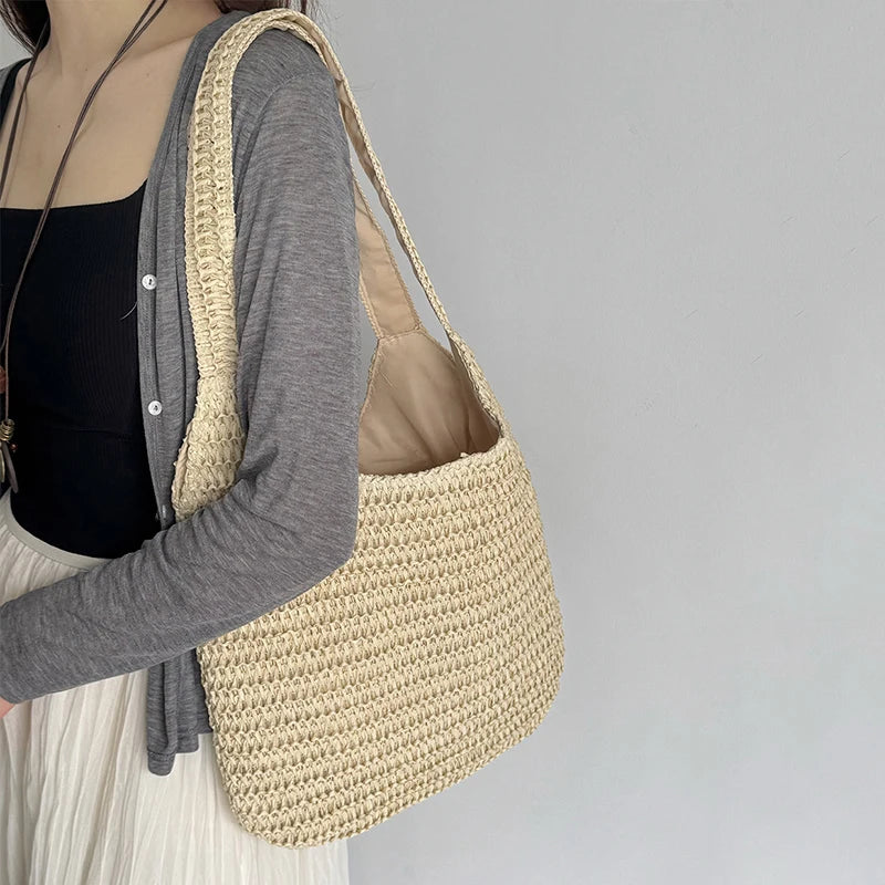 Sac à bandoulière en rotin tressé pour femmes – Grand sac cabas en paille tressée, sac de plage d'été pour femmes, sac de voyage décontracté pour les vacances, le shopping et un usage quotidien