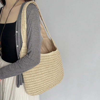 Sac à bandoulière en rotin tressé pour femmes – Grand sac cabas en paille tressée, sac de plage d'été pour femmes, sac de voyage décontracté pour les vacances, le shopping et un usage quotidien
