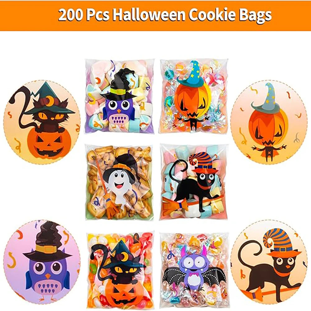 100PCS Halloween Self-Adhesive Treat Bags – Clear Candy & Cookie Packaging Bags for Kids’ Birthday Parties, Party Favors & Gifts