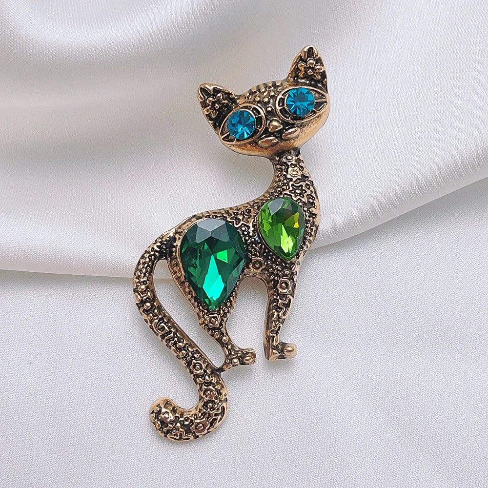 Retro Green Kitten Crystal Brooch Set – Personalized Vintage Cat Flower Chest Pin, Fashion Jewelry Accessory & Gift for Women