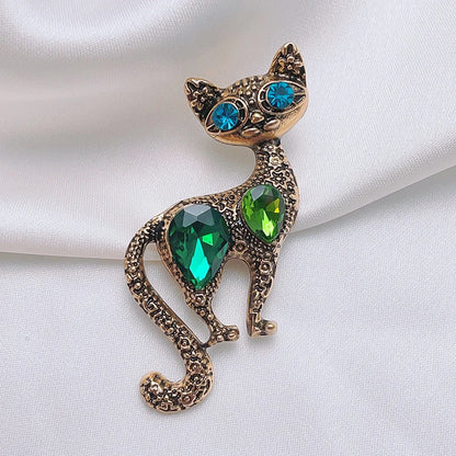 Retro Green Kitten Crystal Brooch Set – Personalized Vintage Cat Flower Chest Pin, Fashion Jewelry Accessory & Gift for Women