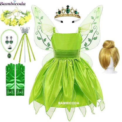 Girls Tinker Bell Costume – Green Fairy Princess Fancy Dress for Halloween, Birthday Parties & Cosplay, Ages 2–10Y