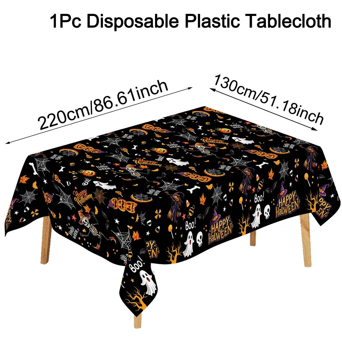 130×220CM Halloween Disposable Plastic Tablecloth – Black Ghost, Skeleton & Witch Pattern Table Cover for Halloween Party Supplies