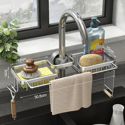 Aluminum Sink Caddy Sponge Holder Faucet Storage Rack Soap Drain Organizer for Kitchen & Bathroom