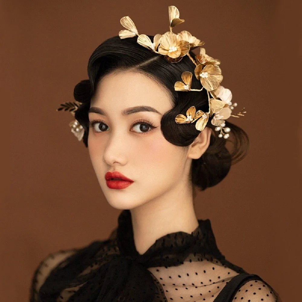Vintage Gold Floral Bridal Headband with Pearls – Fairy Wedding Tiara for Brides, Prom & Special Occasions