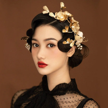 Vintage Gold Floral Bridal Headband with Pearls – Fairy Wedding Tiara for Brides, Prom & Special Occasions
